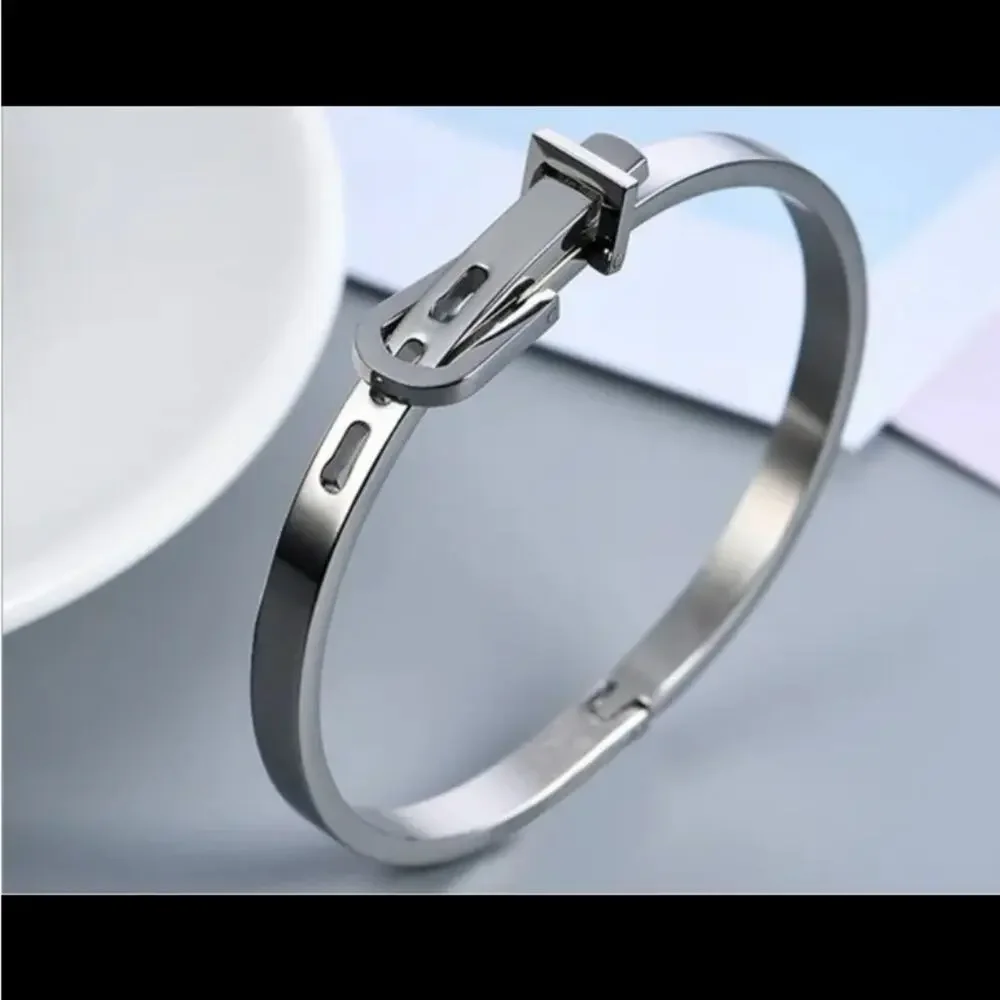 Sterling Silver Buckle Bracelet Bangle Adjustable Unisex Belt Geometric